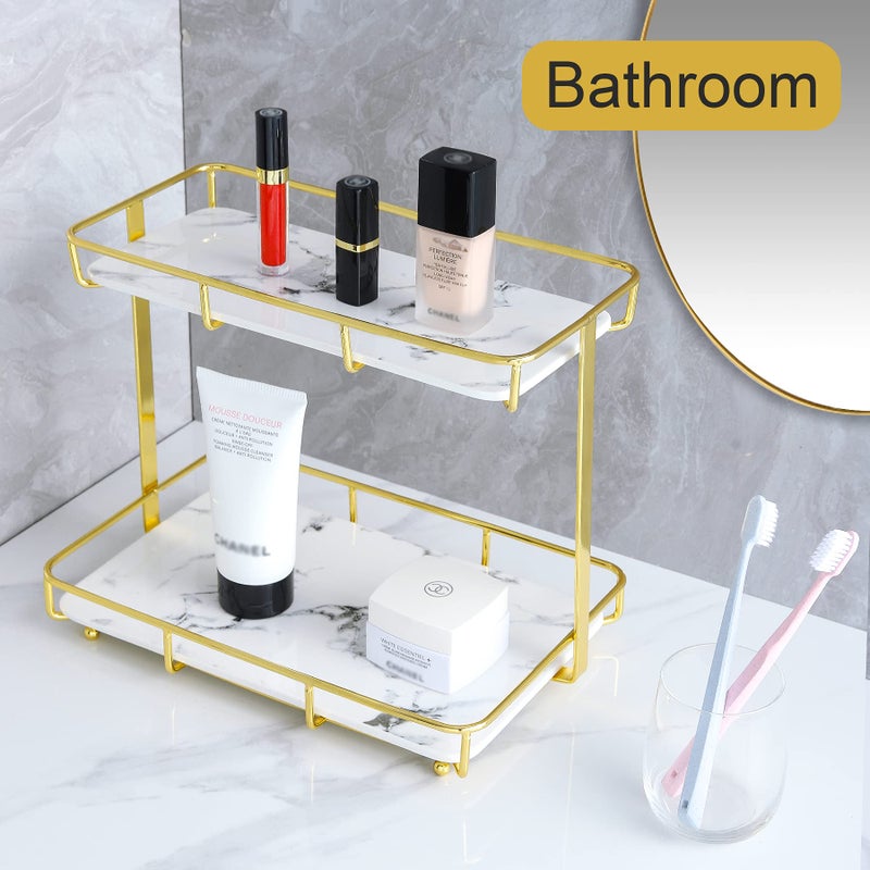 Dobbyby Bathroom Organizer Countertop Perfume Organizer Makeup Organizer Cosmetics Storage Display Rack Vanity Tray Dresser Stainless Steel Gold Shelf White Marble Ceramic Tray - Image 4